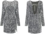 R.Vivimos Women's Sequin Bodycon Dress Fall Winter Velvet Warm Long Sleeve Crew Neck Sexy Backless Glitter Slit Mini Dress
