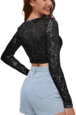 Sequin Crop Top Long Sleeve Sequin Top Sparkle Crop Top for Disco Rave Concert Party