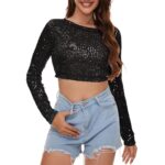 Sequin Crop Top Long Sleeve Sequin Top Sparkle Crop Top for Disco Rave Concert Party