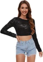Sequin Crop Top Long Sleeve Sequin Top Sparkle Crop Top for Disco Rave Concert Party