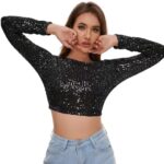 Sequin Crop Top Long Sleeve Sequin Top Sparkle Crop Top for Disco Rave Concert Party