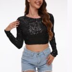 Sequin Crop Top Long Sleeve Sequin Top Sparkle Crop Top for Disco Rave Concert Party