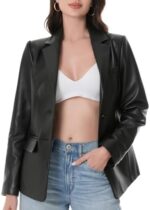 SILVER FASHIONS Lambskin Leather Jacket Women,Long Sleeve Button Front Leather Blazer,Notched Lapel Casual Style,Vent Detail