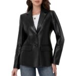 SILVER FASHIONS Lambskin Leather Jacket Women,Long Sleeve Button Front Leather Blazer,Notched Lapel Casual Style,Vent Detail
