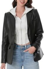 SILVER FASHIONS Lambskin Leather Jacket Women,Long Sleeve Button Front Leather Blazer,Notched Lapel Casual Style,Vent Detail