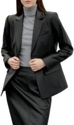 SILVER FASHIONS Lambskin Leather Jacket Women,Long Sleeve Button Front Leather Blazer,Notched Lapel Casual Style,Vent Detail