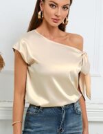 Women's 2024 Off Shoulder Satin Tops Elegant Casual Short Sleeve Asymmetrical Neck Silk Blouses Shirts