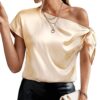 Women's 2024 Off Shoulder Satin Tops Elegant Casual Short Sleeve Asymmetrical Neck Silk Blouses Shirts