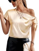 Women's 2024 Off Shoulder Satin Tops Elegant Casual Short Sleeve Asymmetrical Neck Silk Blouses Shirts