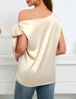 Women's 2024 Off Shoulder Satin Tops Elegant Casual Short Sleeve Asymmetrical Neck Silk Blouses Shirts