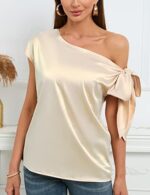 Women's 2024 Off Shoulder Satin Tops Elegant Casual Short Sleeve Asymmetrical Neck Silk Blouses Shirts
