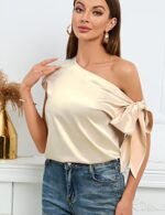 Women's 2024 Off Shoulder Satin Tops Elegant Casual Short Sleeve Asymmetrical Neck Silk Blouses Shirts