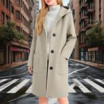 Wool Blend Coat for Women Fall Winter Single Breasted Hooded Trench Coat Mid Long Thicken Warm Peacoat with Pockets