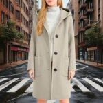 Wool Blend Coat for Women Fall Winter Single Breasted Hooded Trench Coat Mid Long Thicken Warm Peacoat with Pockets