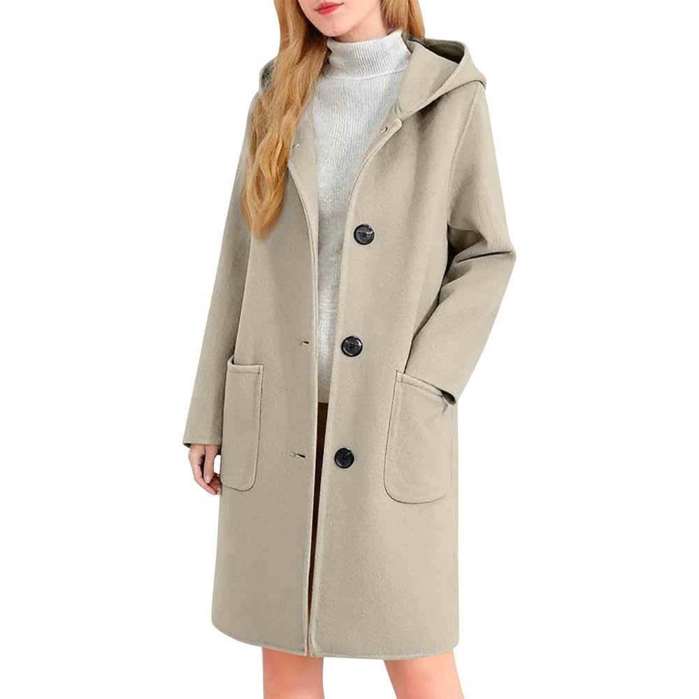 Wool Blend Coat for Women Fall Winter Single Breasted Hooded Trench Coat Mid Long Thicken Warm Peacoat with Pockets