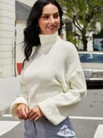 ZAFUL Women's Cropped Turtleneck Sweater Lantern Sleeve Ribbed Knit Pullover Sweater Jumper