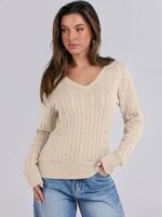 ANRABESS Womens Long Sleeve Cable Knit Sweater 2025 Fall Fashion V Neck Fitted Pullover Top Business Casual Work Fall Outfits