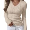 ANRABESS Womens Long Sleeve Cable Knit Sweater 2025 Fall Fashion V Neck Fitted Pullover Top Business Casual Work Fall Outfits