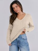 ANRABESS Womens Long Sleeve Cable Knit Sweater 2025 Fall Fashion V Neck Fitted Pullover Top Business Casual Work Fall Outfits