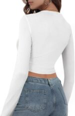 Buauty Women's Long Sleeve Square Neck Crop Tops, Ribbed Knit Slim Fitted Casual Basic Y2K Crop Top Tee Blouse Retro