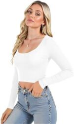 Buauty Women's Long Sleeve Square Neck Crop Tops, Ribbed Knit Slim Fitted Casual Basic Y2K Crop Top Tee Blouse Retro
