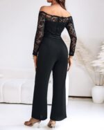 CHICME Womens Dressy Jumpsuits Casual One Piece Outfits Off Shoulder Lace Trim Overalls Straight Leg Pants