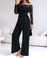 CHICME Womens Dressy Jumpsuits Casual One Piece Outfits Off Shoulder Lace Trim Overalls Straight Leg Pants