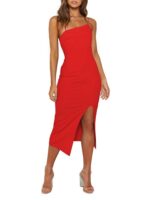 LYANER Women's Spaghetti Straps Split Slit Hem Sleeveless Bodycon Cocktail Party Midi Dress