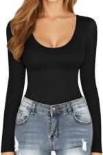 MANGOPOP Long Short Sleeve Bodysuits for Women Scoop Neck Ribbed Body Suit Stretchy Basic T Shirt Tops