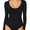 MANGOPOP Long Short Sleeve Bodysuits for Women Scoop Neck Ribbed Body Suit Stretchy Basic T Shirt Tops