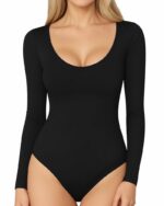 MANGOPOP Long Short Sleeve Bodysuits for Women Scoop Neck Ribbed Body Suit Stretchy Basic T Shirt Tops