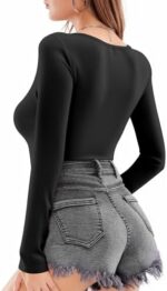 MANGOPOP Long Short Sleeve Bodysuits for Women Scoop Neck Ribbed Body Suit Stretchy Basic T Shirt Tops