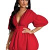 WDIRARA Women's Deep V Neck Puff Sleeve High Rise Flare Dress Elastic Waist Dress