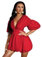 WDIRARA Women's Deep V Neck Puff Sleeve High Rise Flare Dress Elastic Waist Dress