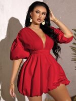 WDIRARA Women's Deep V Neck Puff Sleeve High Rise Flare Dress Elastic Waist Dress