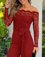 CHICME Womens Dressy Jumpsuits Casual One Piece Outfits Off Shoulder Lace Trim Overalls Straight Leg Pants