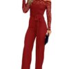 CHICME Womens Dressy Jumpsuits Casual One Piece Outfits Off Shoulder Lace Trim Overalls Straight Leg Pants