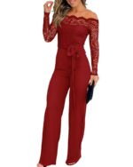 CHICME Womens Dressy Jumpsuits Casual One Piece Outfits Off Shoulder Lace Trim Overalls Straight Leg Pants