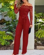 CHICME Womens Dressy Jumpsuits Casual One Piece Outfits Off Shoulder Lace Trim Overalls Straight Leg Pants