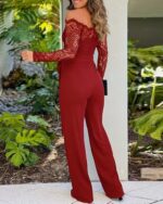 CHICME Womens Dressy Jumpsuits Casual One Piece Outfits Off Shoulder Lace Trim Overalls Straight Leg Pants